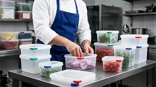 bac et boite hermétique dans cuisine professionnelle
